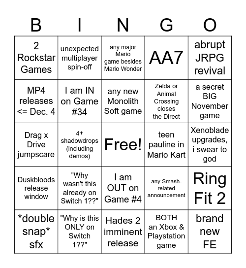 Nintendo Direct Bingo (9/12/25) Bingo Card