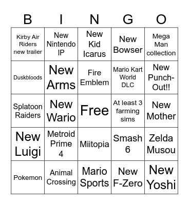 Nintendo Direct Bingo Card