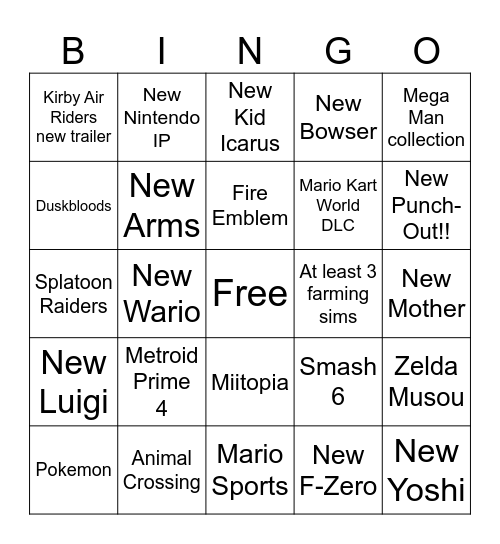 Nintendo Direct Bingo Card