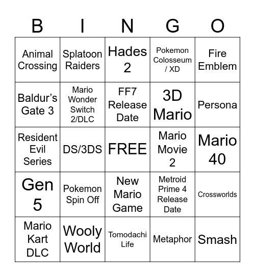 Nintendo Direct 9.12.2025 Bingo Card