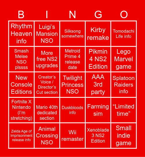 9/12 Nintendo Direct 2025 Bingo Card
