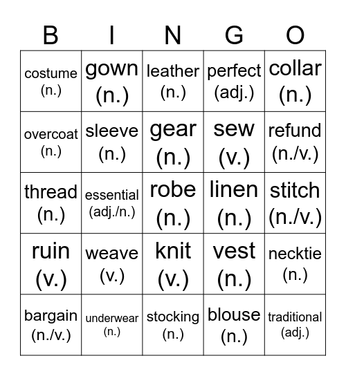 Bingo about Clothing Bingo Card