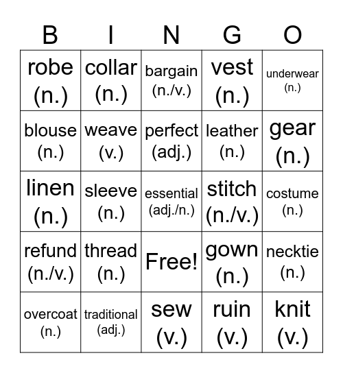 Bingo about Clothing Bingo Card