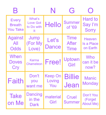 80s Singing Bingo Card