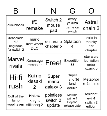 Nintendo Direct 09/12/25 Bingo Card