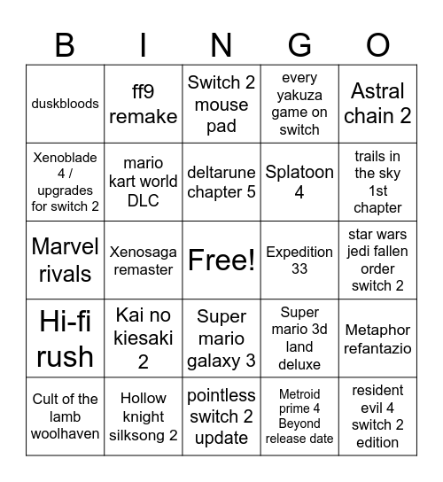 Nintendo Direct 09/12/25 Bingo Card