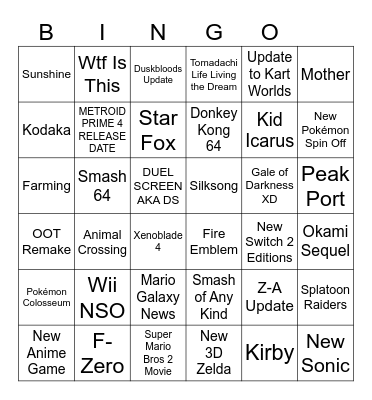 Nintendo Direct 9/12/2025 Bingo Card