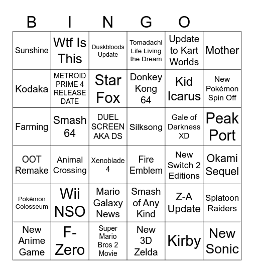 Nintendo Direct 9/12/2025 Bingo Card