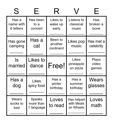 Service Bingo - Find Who Bingo Card