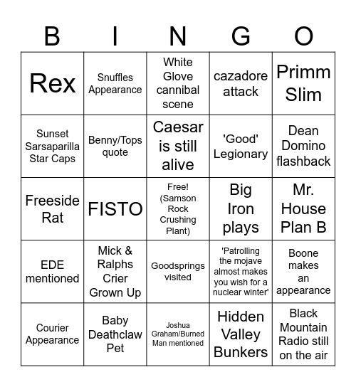 Fallout S2 Predictions Bingo Card