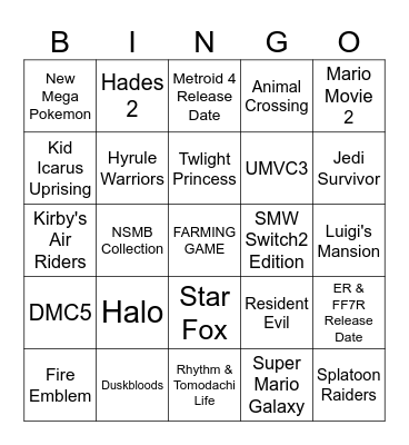 Nintendo Direct 12/9/25 Bingo Card