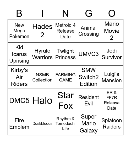 Nintendo Direct 12/9/25 Bingo Card