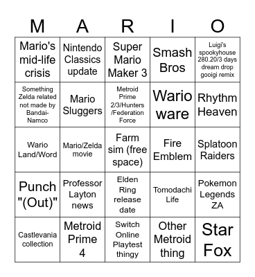 Nintendo Direct 9/12/2025 Bingo Card
