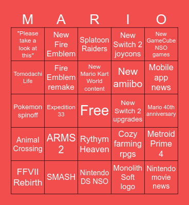 Nintendo Direct Bingo Card
