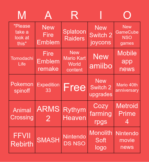 Nintendo Direct Bingo Card