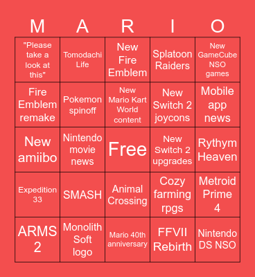 Nintendo Direct Bingo Card