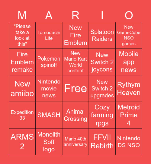 Nintendo Direct Bingo Card