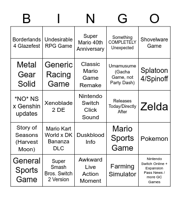 NINTENDO DIRECT 9/12 Bingo Card