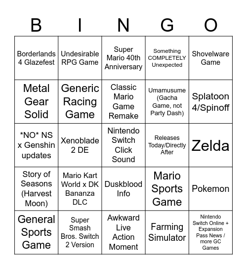NINTENDO DIRECT 9/12 Bingo Card