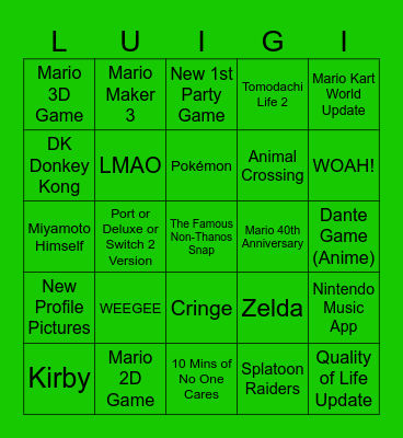 Nintendo Direct Bingo Card