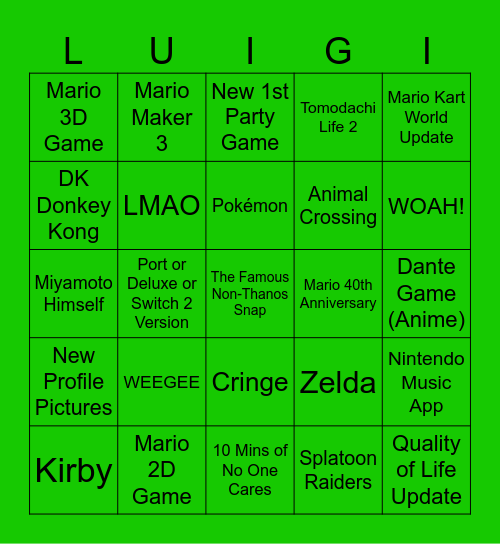 Nintendo Direct Bingo Card