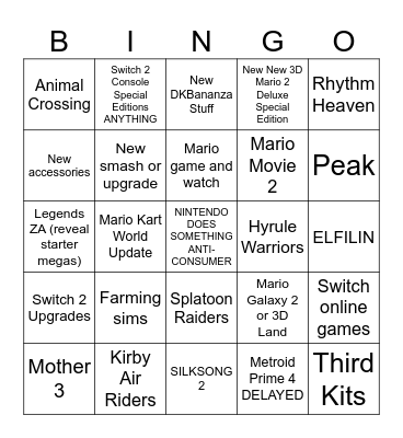 Nintendo Direct 9/12/25 Bingo Card