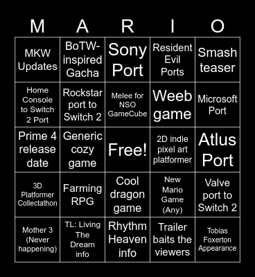 September '25 Nintendo Direct Bingo Card