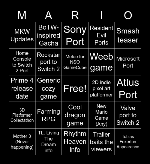 September '25 Nintendo Direct Bingo Card