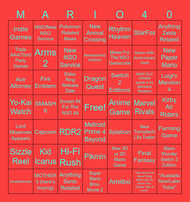 Nintendo Direct 9.12.25 Bingo Card