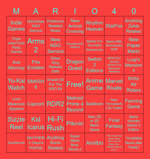 Nintendo Direct 9.12.25 Bingo Card