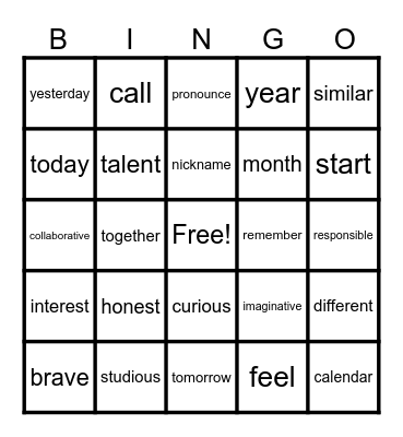Vocabulary Review- ELD Emerging Book- Getting to Know You (Pgs. 1- 57) Bingo Card
