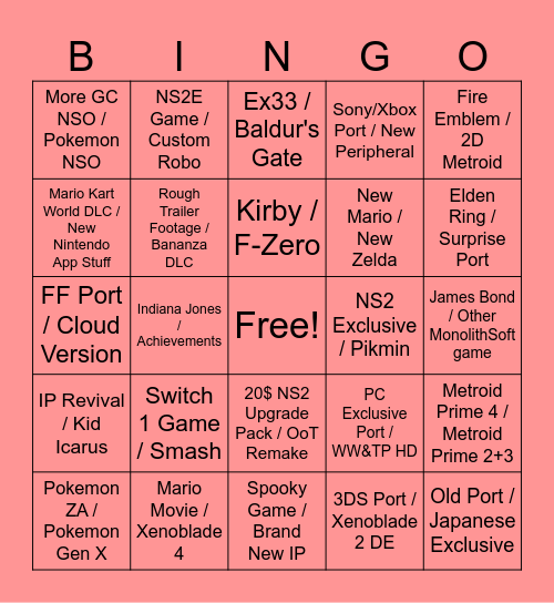 Nintendo Direct 09/12/2025 Bingo Card