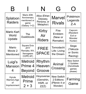 Brenden's 9/12/2025 Nintendo Direct Bingo Card Bingo Card
