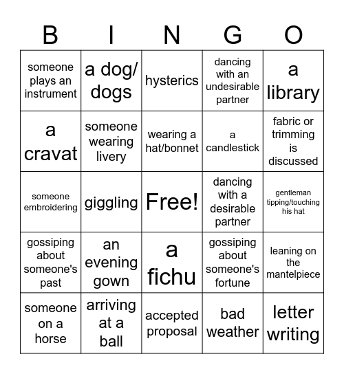 Pride & Prejudice Bingo Card