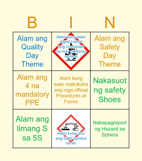 Safety and Quality Day Bingo Card