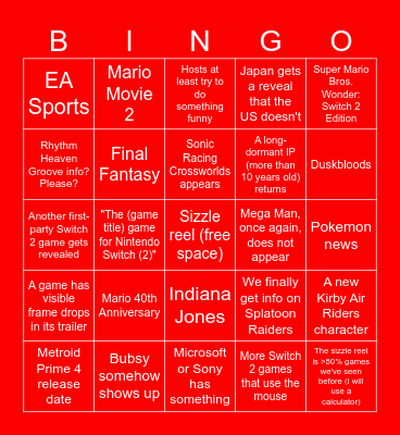 Nintendo Direct Sep 2025 Bingo Card