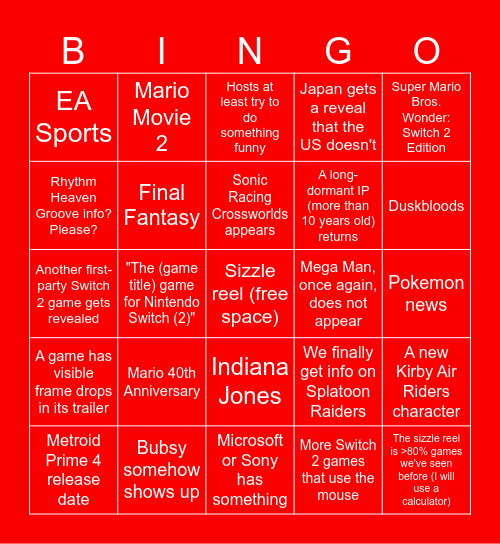 Nintendo Direct Sep 2025 Bingo Card