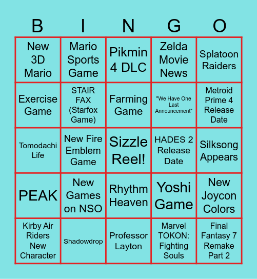 Nintendo Switch 2 Direct Bingo Card