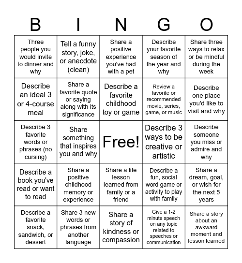 Impromptu Speech Bingo Card
