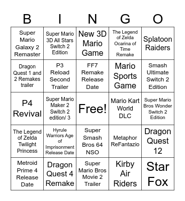 September 2025 Nintendo Direct Bingo Card