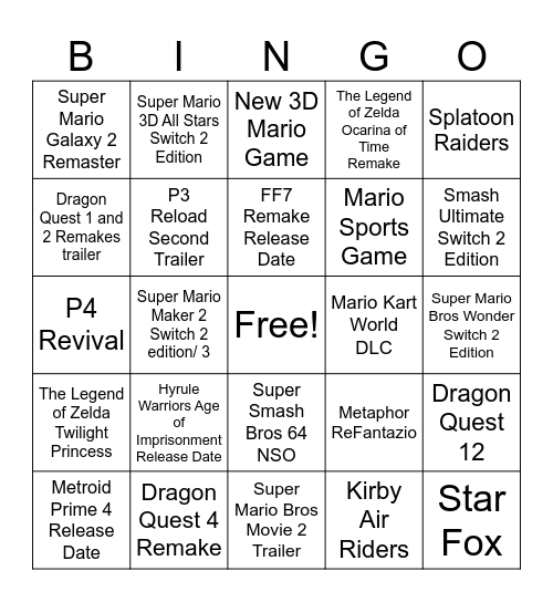 September 2025 Nintendo Direct Bingo Card