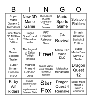 September 2025 Nintendo Direct Bingo Card