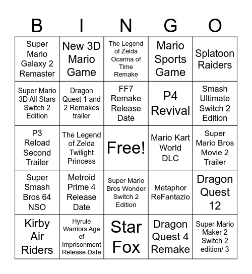 September 2025 Nintendo Direct Bingo Card