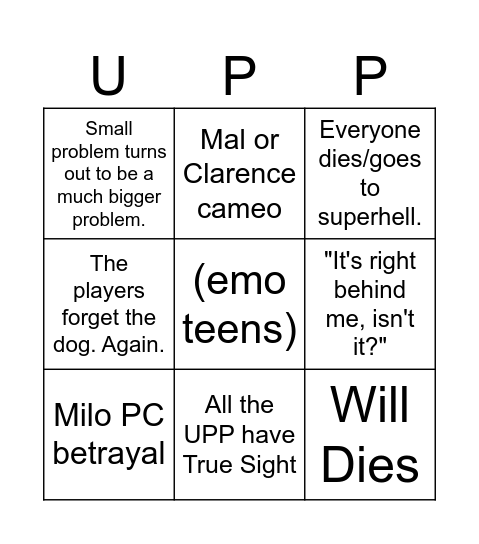 Unwitness Protection Bingo Card