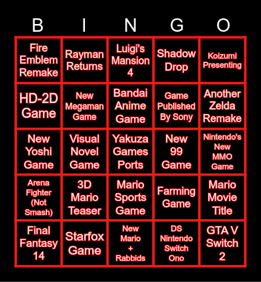 Nintendo Direct 12/9/2025 Bingo Card