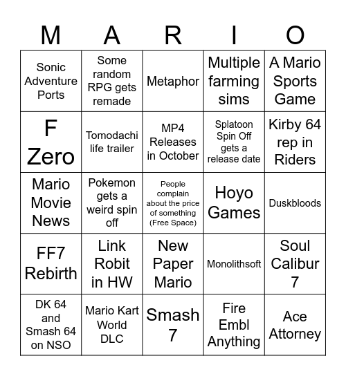 Nintendo Direct 9/12/25 Bingo Card