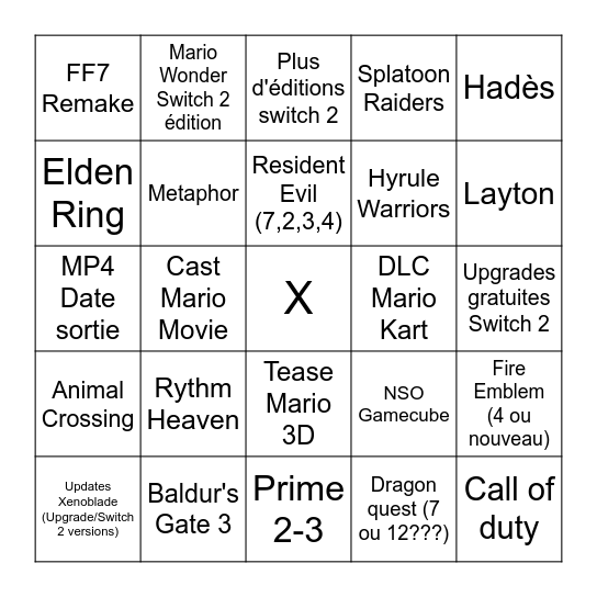 Nintendo Direct 12/09 Bingo Card