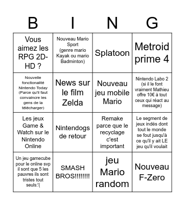 Nintendo Direct Bingo Card