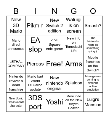Nintendo direct Bingo Card