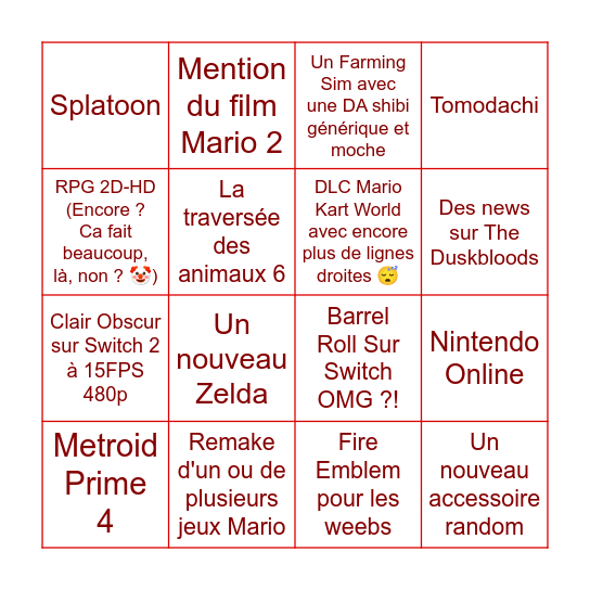 Nintendo Direct Bingo Card